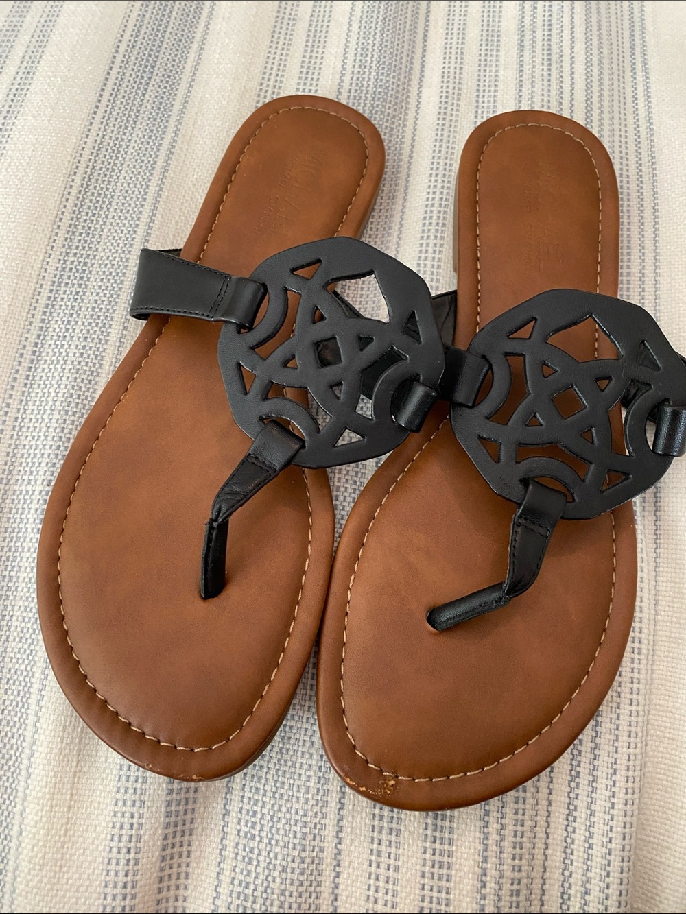 Michael Shannon Sandals with Black Cutout Medallion and brown footbed